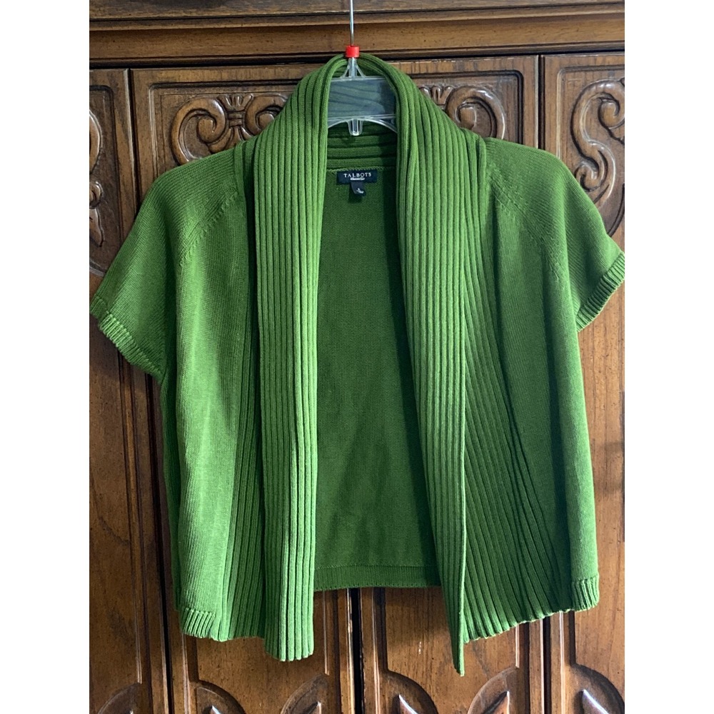 Talbots Women Green Mercerized Cotton Ribbed Shawl Collar ShortSleeve Cardigan S